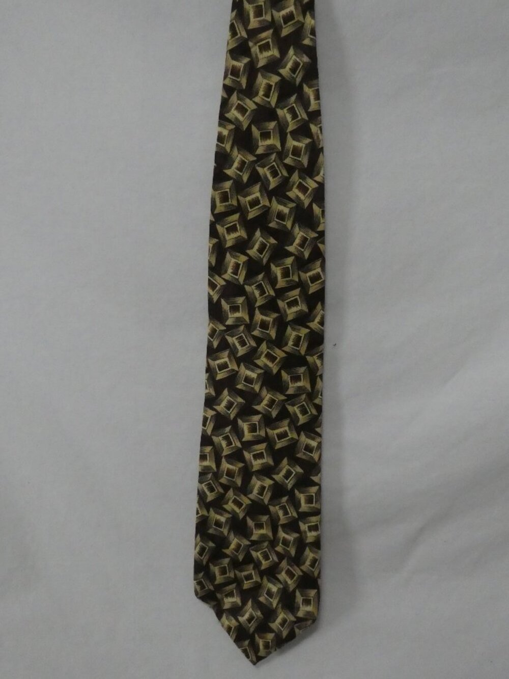 Vintage CALVIN KLEIN Made In USA Geometric Square Pattern Brown Gold Silk Tie